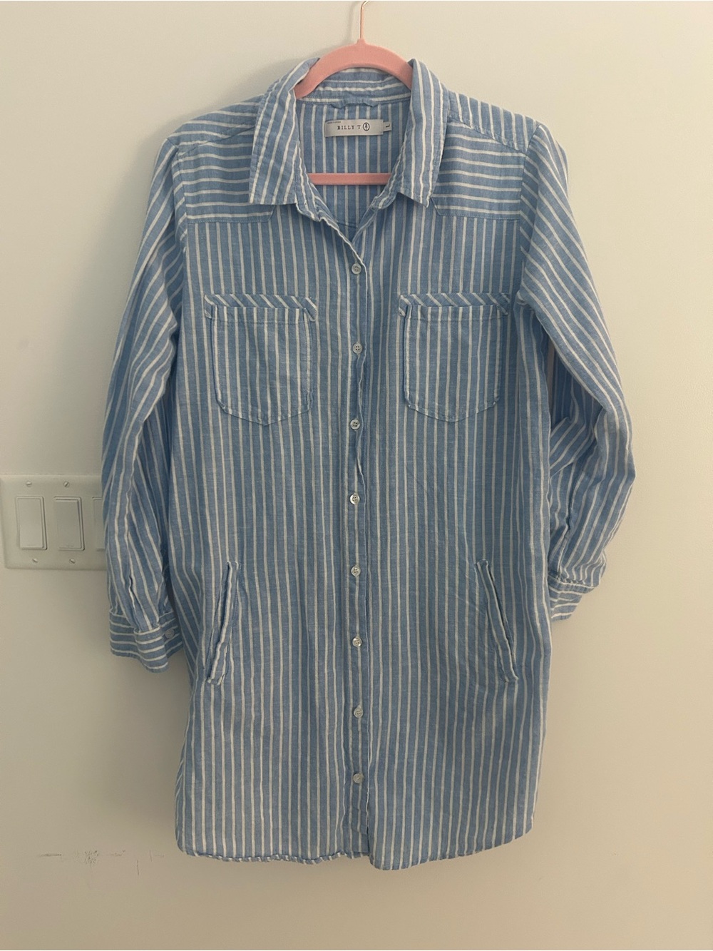 Billy T Women’s Large Blue White Stripe Linen Blend Tunic Shirt Dress